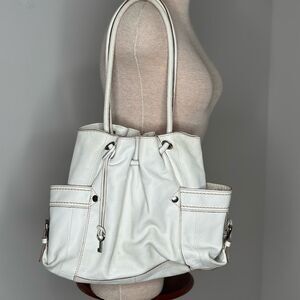 Fossil Off White Leather Cinch Hobo Slouch Bag Double Handle Shoulder Bag